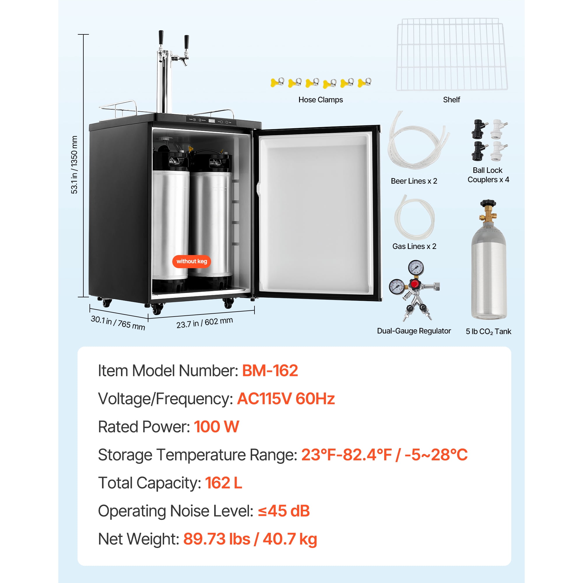 KFFKFF Dual Tap Beer Kegerator, Home Draft Dispenser for Ball Lock, Full-Size Keg Cooler with 5lbs CO2 Tank, Fits 2 Sixth / 2 Slim / 3 Ball Lock Kegs, 162L Capacity