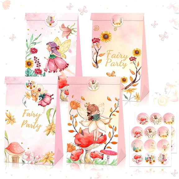 Fairy Mushroom Party Gift Bag Set of 12 - Soft Pink Forest Fairy Double-sided Design Gift Theme Decorative Sticker Set