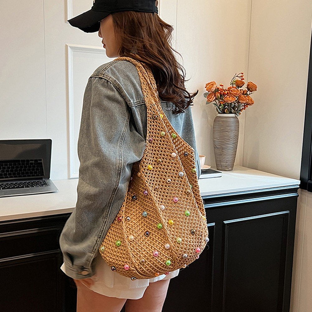 Jiibva Crochet Beach Bags Woven Travel Tote Boho Shoulder Bag Hollow Knitting Handbag Mesh Shoulder Bag Women Knitted Handbags for Holiday, Daily Work
