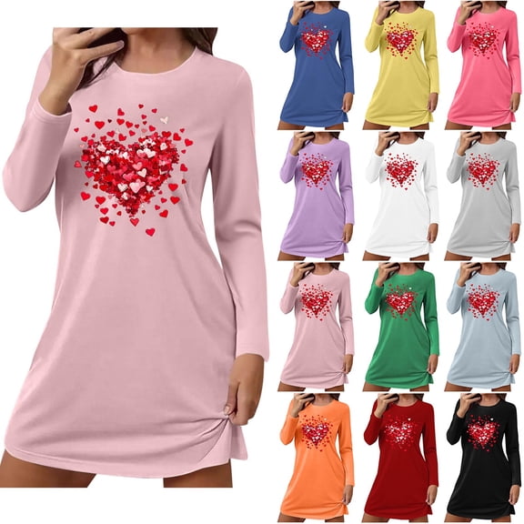 Taqqpue Valentines Nightgowns for Women Crew Neck Night Shirt Soft Sleepwear Heart Printed Cotton Night Gown Long Sleeve Sleepshirts