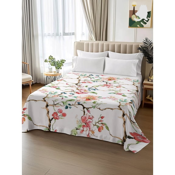 King Size Flat Sheet Only,Summer Watercolor Flower Leaves Soft Top Bed Sheets Breathable Bedding Sheet Country Branch Floral Microfiber Hotel Luxury Top Sheets