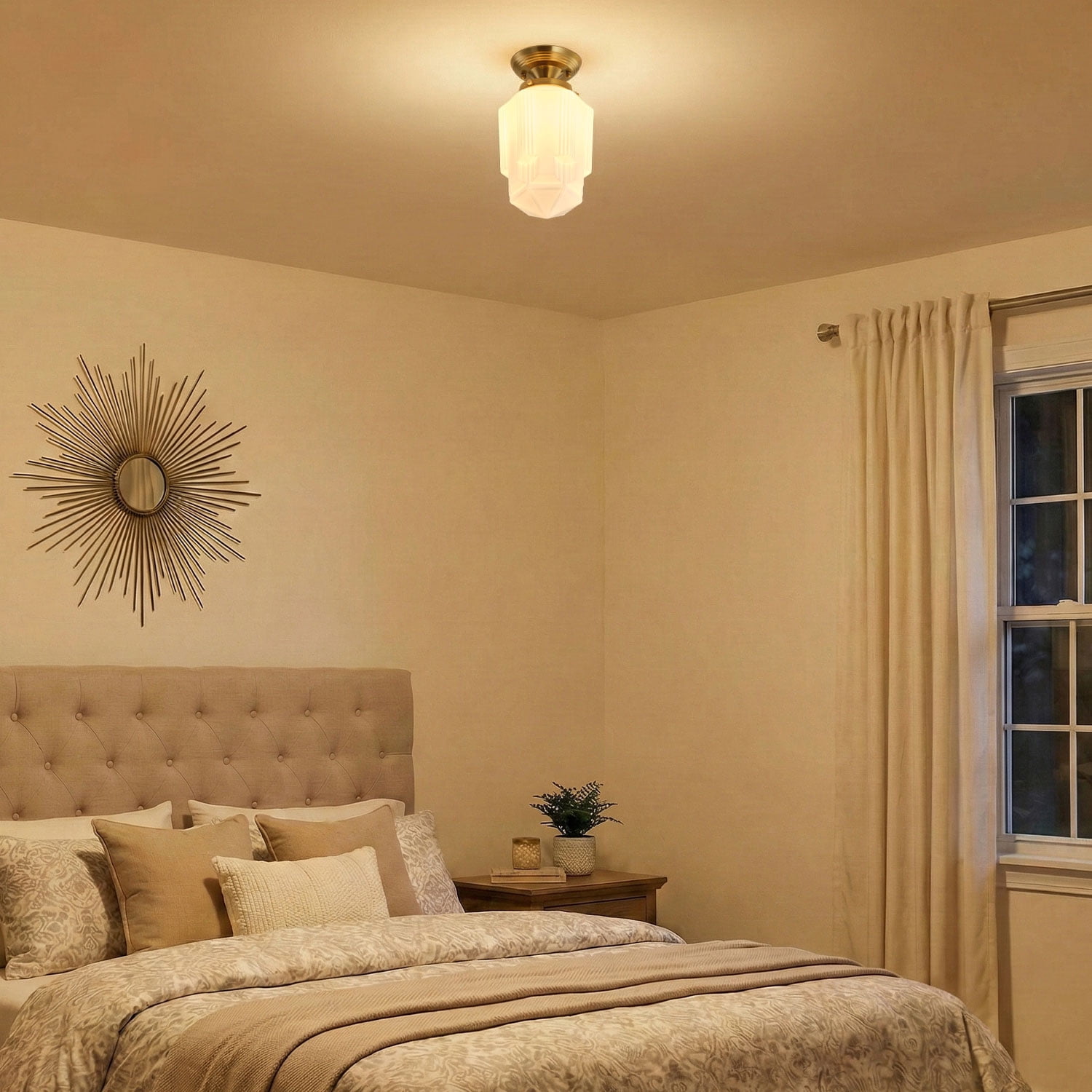 Art Deco Semi Flush Mount Ceiling Light – Close to Ceiling Light with White Ribbed Glass Shade - for Hallway, Dining Room & Entryway