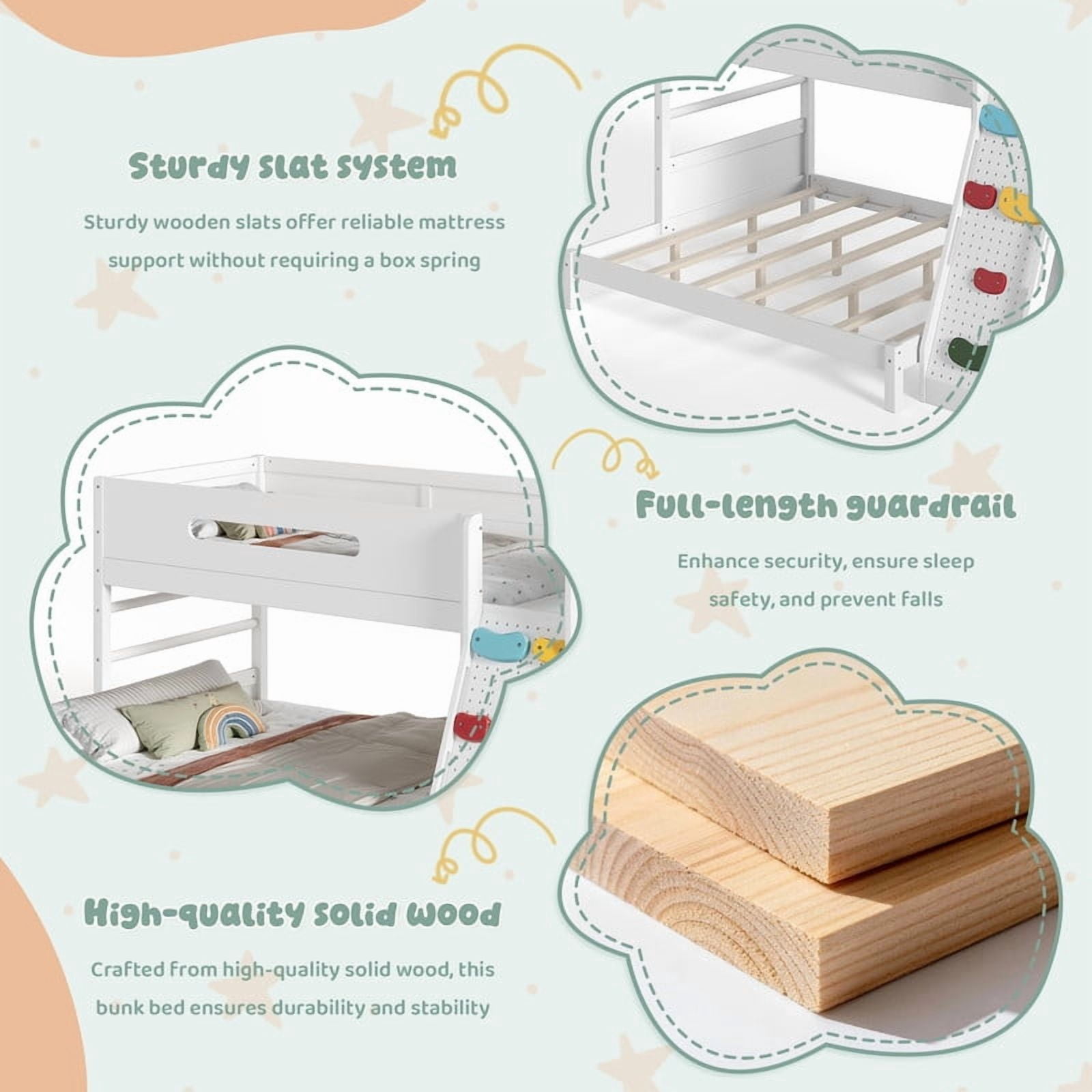 Twin XL Over Queen Bunk Bed with Built-In Wardrobe & Storage, Solid Wood Kids Bunk Bed with Guardrails, Rock Climbing Wall & Upgraded Slats, No Box Spring Needed