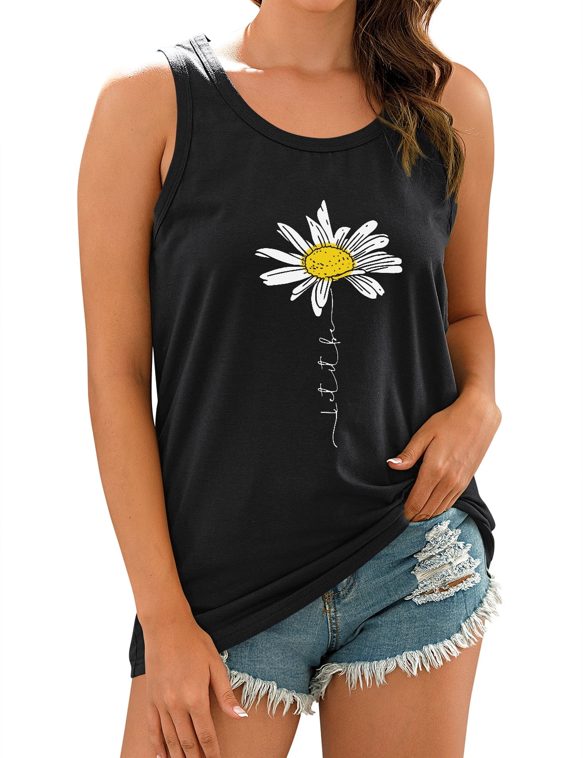 デイジー♥️ ZXSXSY Womens Tank Tops Let It Be Daisy Summer Graphic Basic