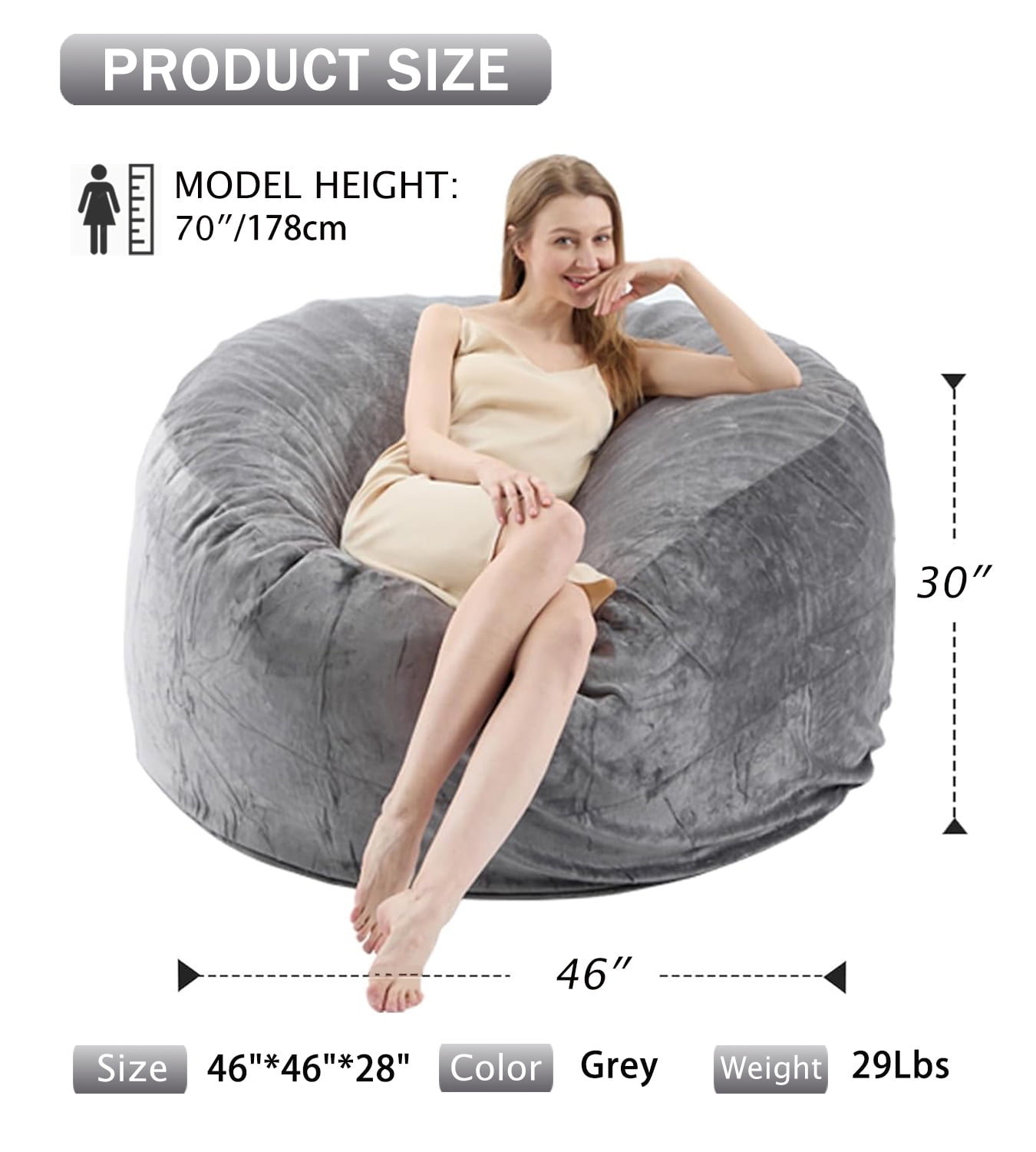 VIREO Bean Bag Chair - 4FT Bean Bag Chairs for Adults Memory Foam Filler Beanbag Chair with Ultra Soft Removable and Washable Flannel Cover, Beanbag Chairs for Living Room - Grey