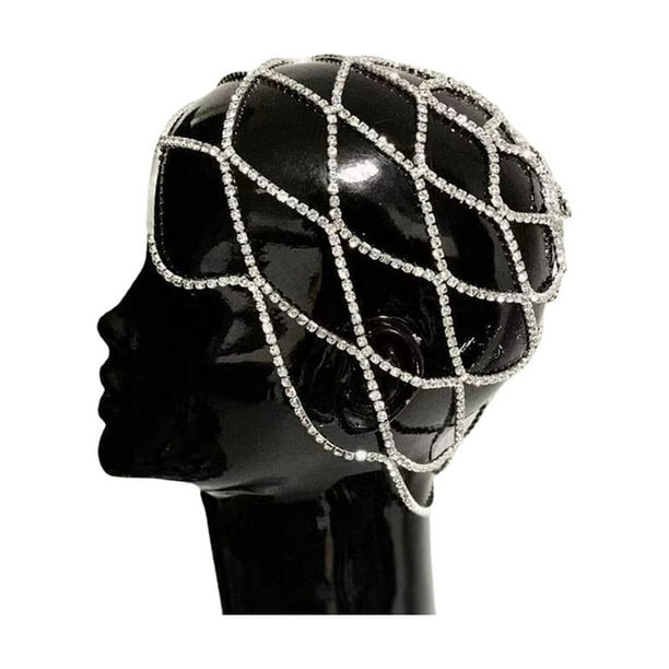 Cadena para la cabeza con cristales estilo charles, cadena para la cabeza de malla, joyas para el cabello con cristales de estrás, tocado de malla con estrás, diseño a prueba de futuro