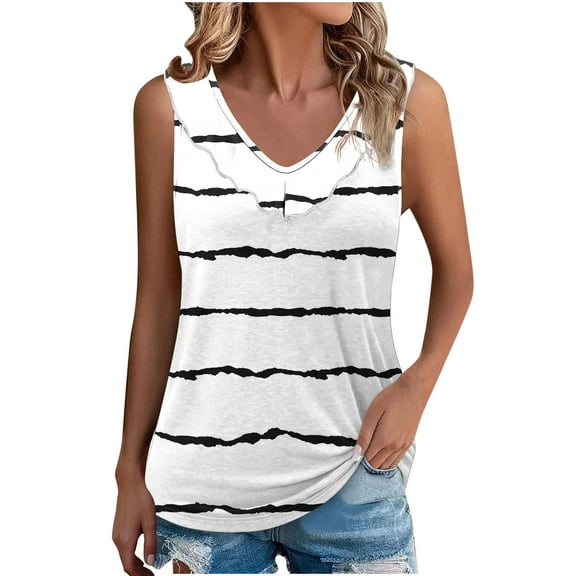 ZQUUVOU Tank Top For Women Stripe Color Solid Color Crew Neck Ruffle Summer Tops (White,2XL)