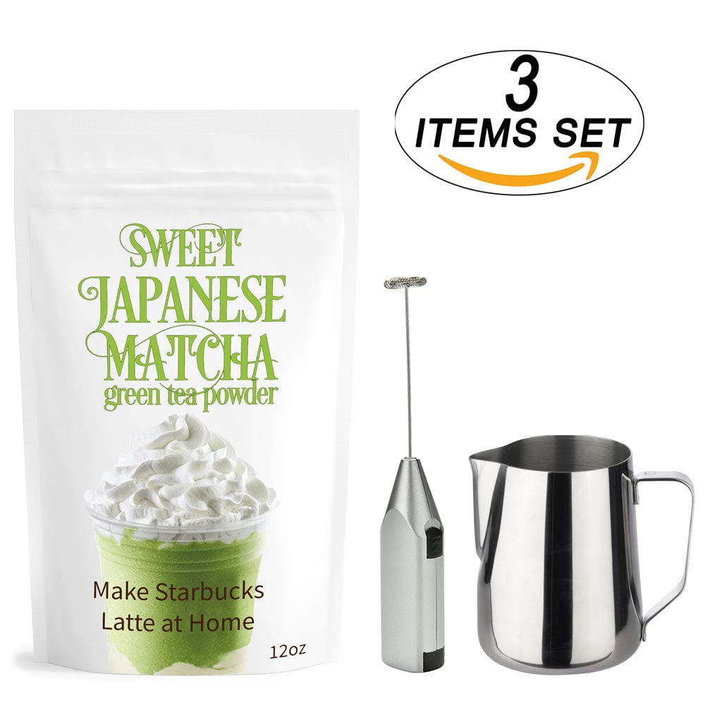 Sweet Japanese Matcha Set Green Tea Kit (12oz) 100 Organic Pure Matcha + Matcha Milk
