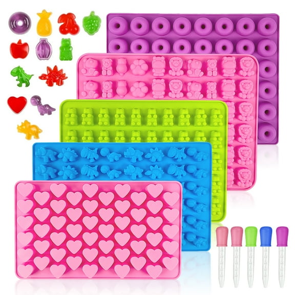 Godance 5 Pcs Gummy Bear Candy Molds Silicone - Silicone Gummy Molds with 5 Droppers - Food-Grade Non-Stick Candy Molds Large Fruit Snacks Molds BPA Free with 5 Droppers & 1 Cleaning Brush, Set of 5