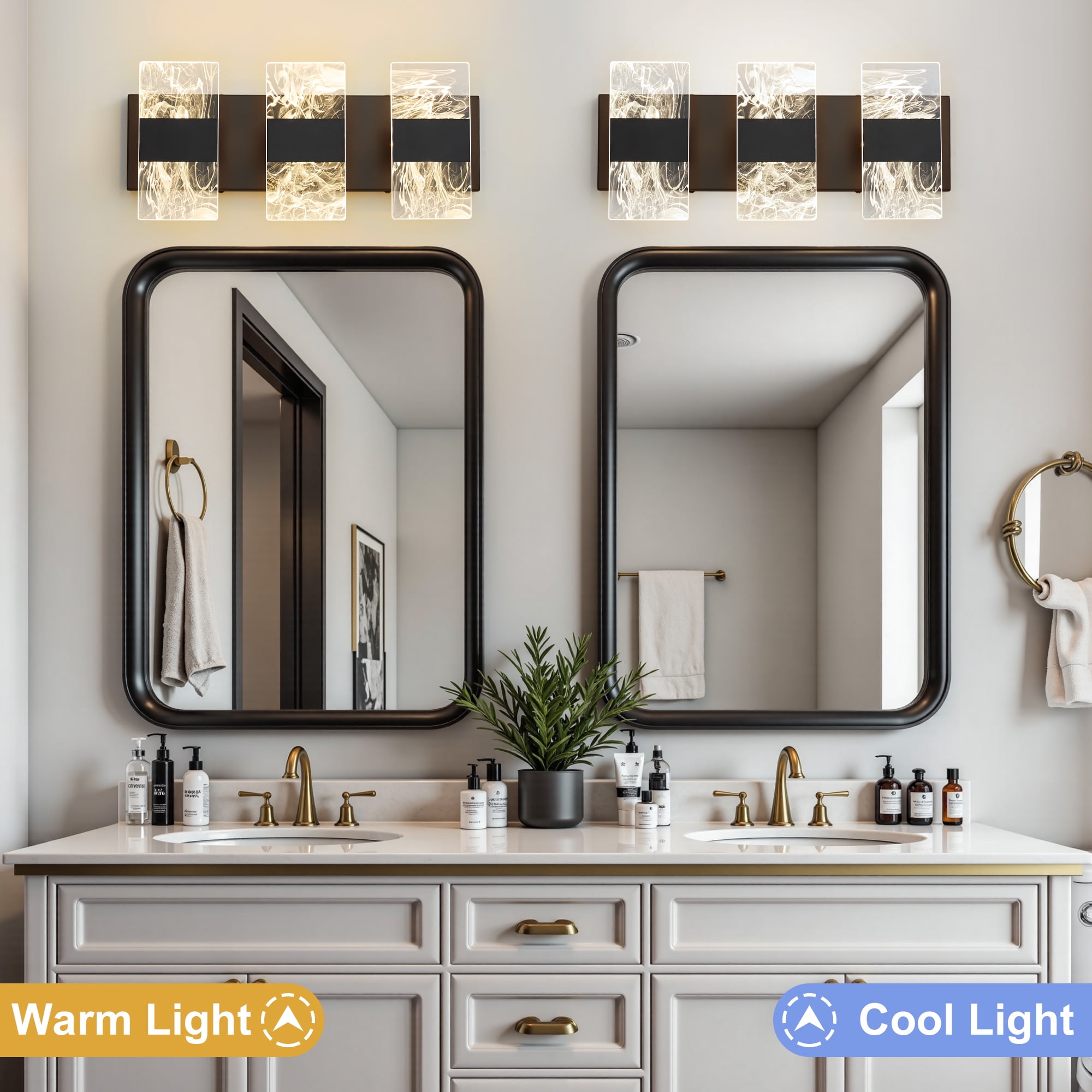 Deyidn 3-Light Black Dimmable LED Bathroom Vanity Light, 16.54 Inch Modern Wall Mirror Light for Vanity Mirror and Powder Room