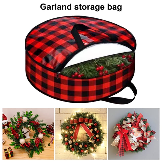 YAOMOBB Sac de Rangement pour Couronne Robuste Sac de Rangement pour Couronne de Noël Design à Carreaux Rouge Noir Imperméable Facile à Transporter avec Poignée