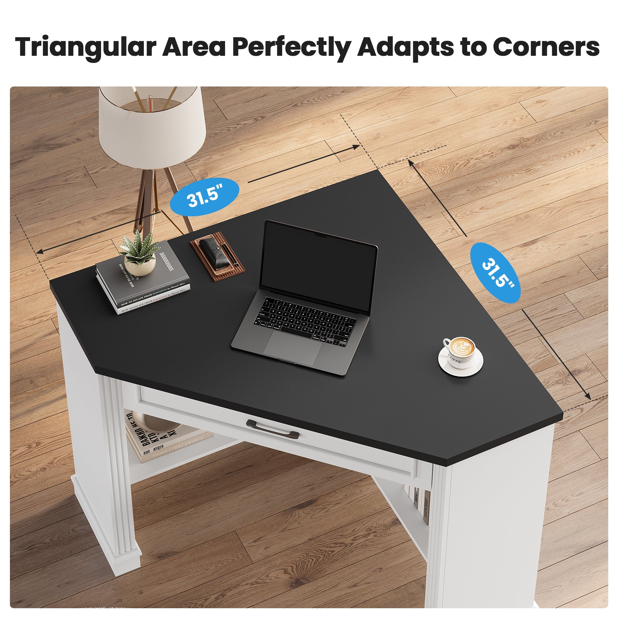 SEDETA Corner Desk for Small Space, 31.5 Inch Triangle Computer Desk with Drawer & Open Shelves for Home Office, Bedroom, Living Room, Small Farmhouse Corner Desk with Storage, White