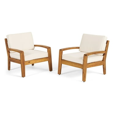 Gloriette Outdoor Acacia Wood Club Chairs with Cushions (Set of 2), Teak and Beige