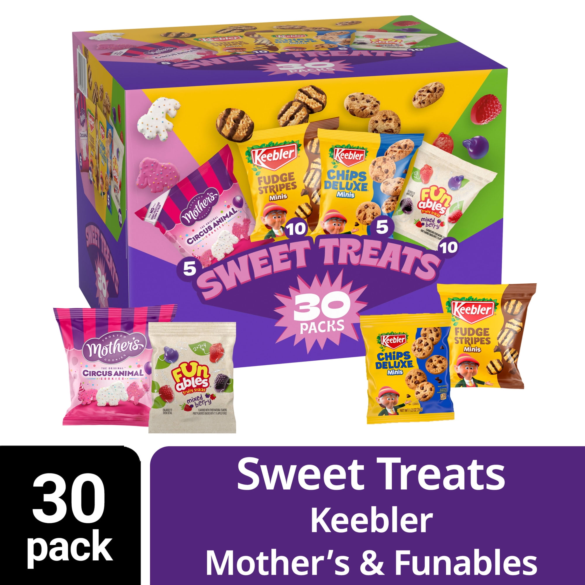 (3 pack) Keebler Sweet Treat Variety Pack, 30-Count Box, Includes Chips Deluxe, Funables, Fudge Stripes, and Mother's Circus Animal Cookies, 29 oz