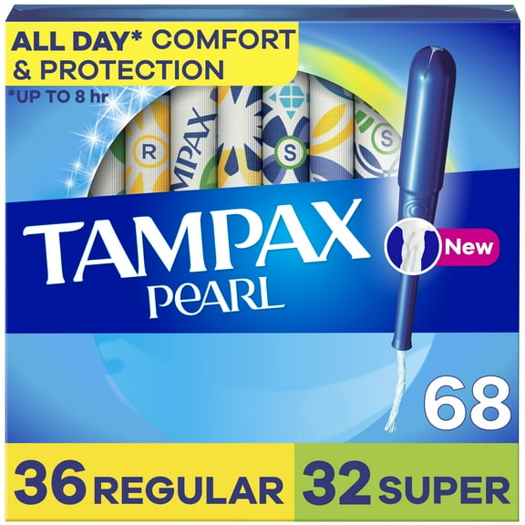 Tampax Pearl Tampons Multipack with LeakGuard Braid, Regular/Super Absorbency, Unscented, 68 Count