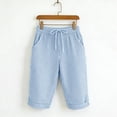 thumbnail image 3 of Linen Summer Long Shorts Women Plaid/Striped Casual Beach Plus Size Knee Length Capri Pants with Pockets (XL, Blue|Striped), 3 of 8