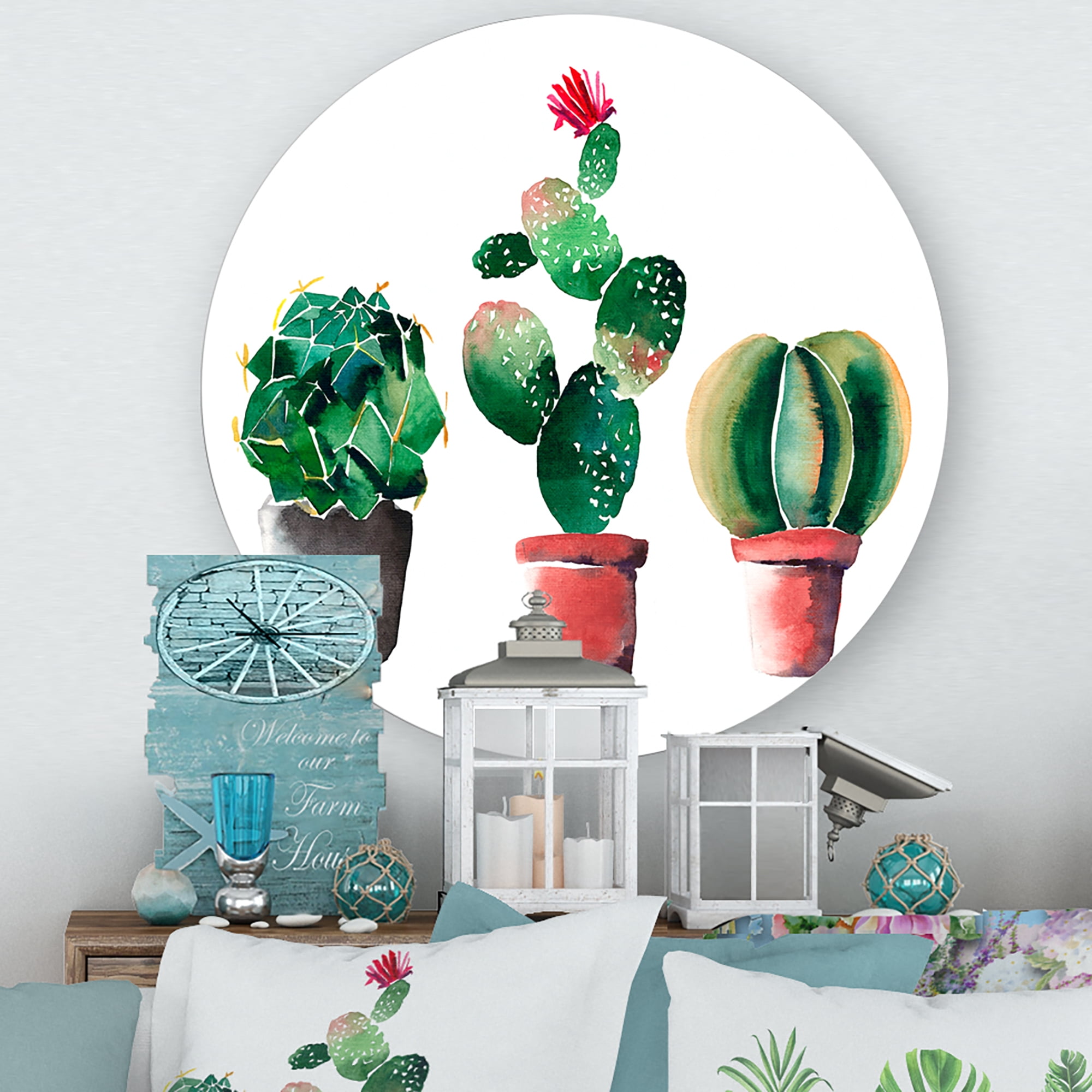 Designart 'Three Cacti In Clay Pots On White' Traditional Circle Metal Wall Art 11x11 - Disc of 11