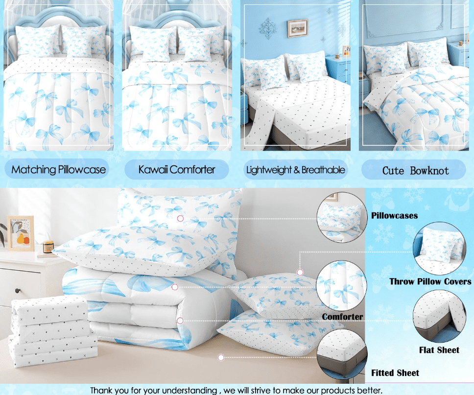 Manfei Sky Blue Bow 7 Pieces Bedding Comforter Set For Kids Girls,Cute Dreamy Princess Style Full Bedding Set Bow Pattern Comforter Reversible