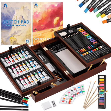 Vigorfun Art Supplies 85 Pieces, Deluxe Wooden Art Set Crafts Drawing Painting Kit with 2 Sketch Pads, Oil Pastels, Acrylic, Watercolor Paints, Creative Gifts Box for Adults Artist Kids