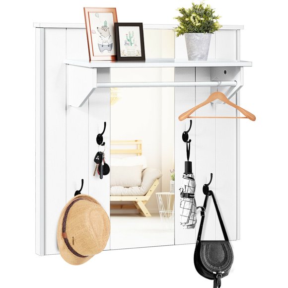 Gymax Wall Mounted Mirror Coat Hat Rack Storage Shelf w/4 Hooks & Hanging Bar Entryway