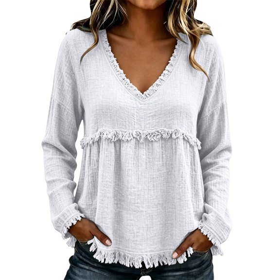 Women's Plus Size Long Sleeved V Neck T Shirts Causal Loose Fit Solid Tops Ladies Fall Ruffle Hem Going out Tees White02 XL