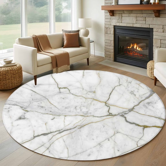 White Marble Round Rug 6ft Washable Circle Kitchen Rugs Non Slip Modern Abstract Art Ink Painting Large Area Rug Indoor Floor Carpet for Bedroom Living Room Home Office Dining Room Nursery