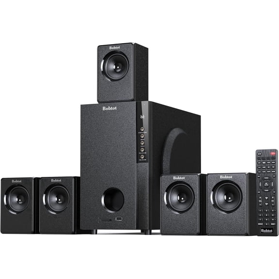 Home Theater Systems with 5.25 inch Subwoofer, 5.1 Wired Satellite Surround Sound Speakers, 600 Watts Peak Power Deep Bass Audio Stereo System with FM Radio Bluetooth AUX DVD USB SD Input