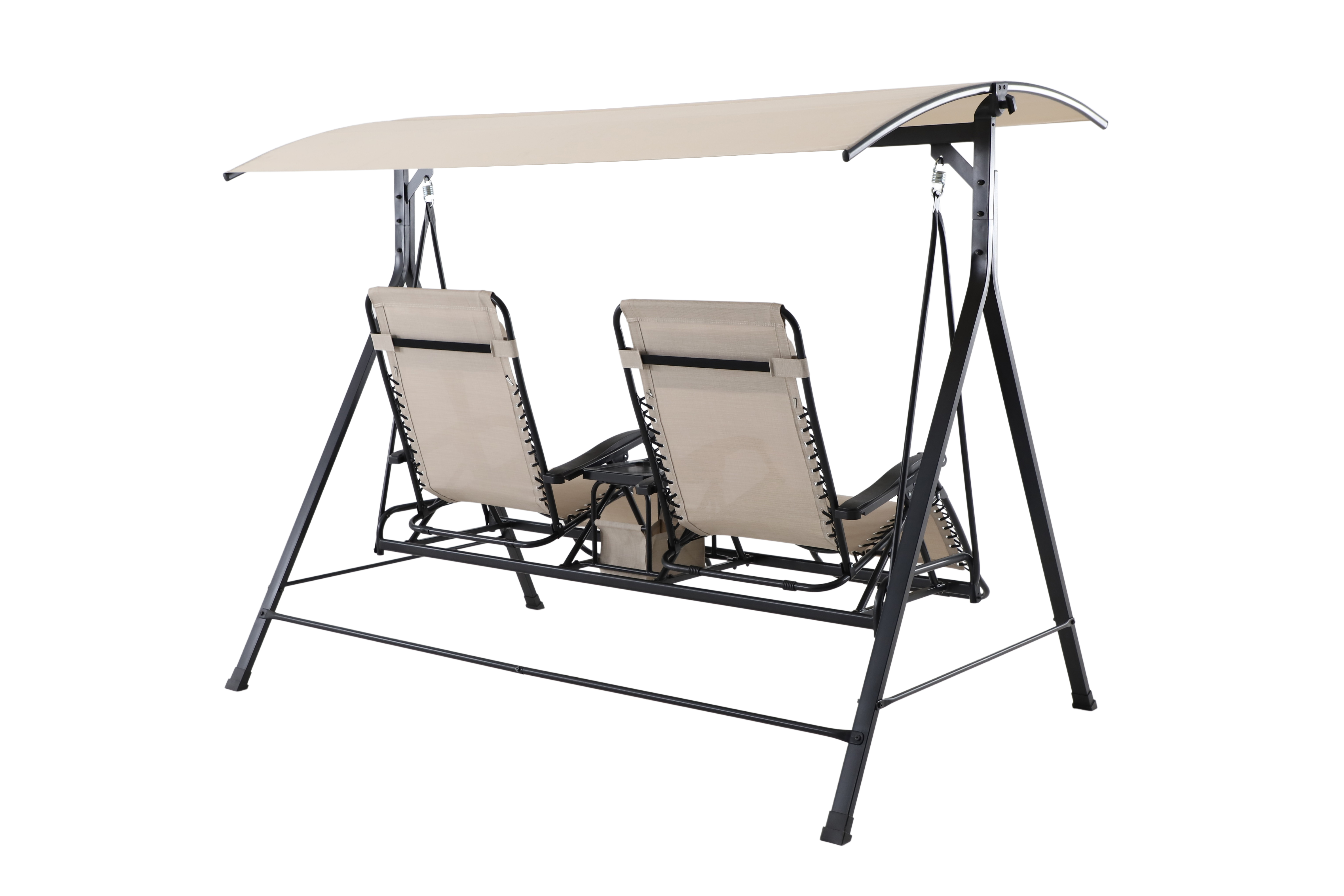 Mainstays 2 Seat Reclining Oversized Zero Gravity Swing with Canopy and Center Storage Console Beige Black Walmart