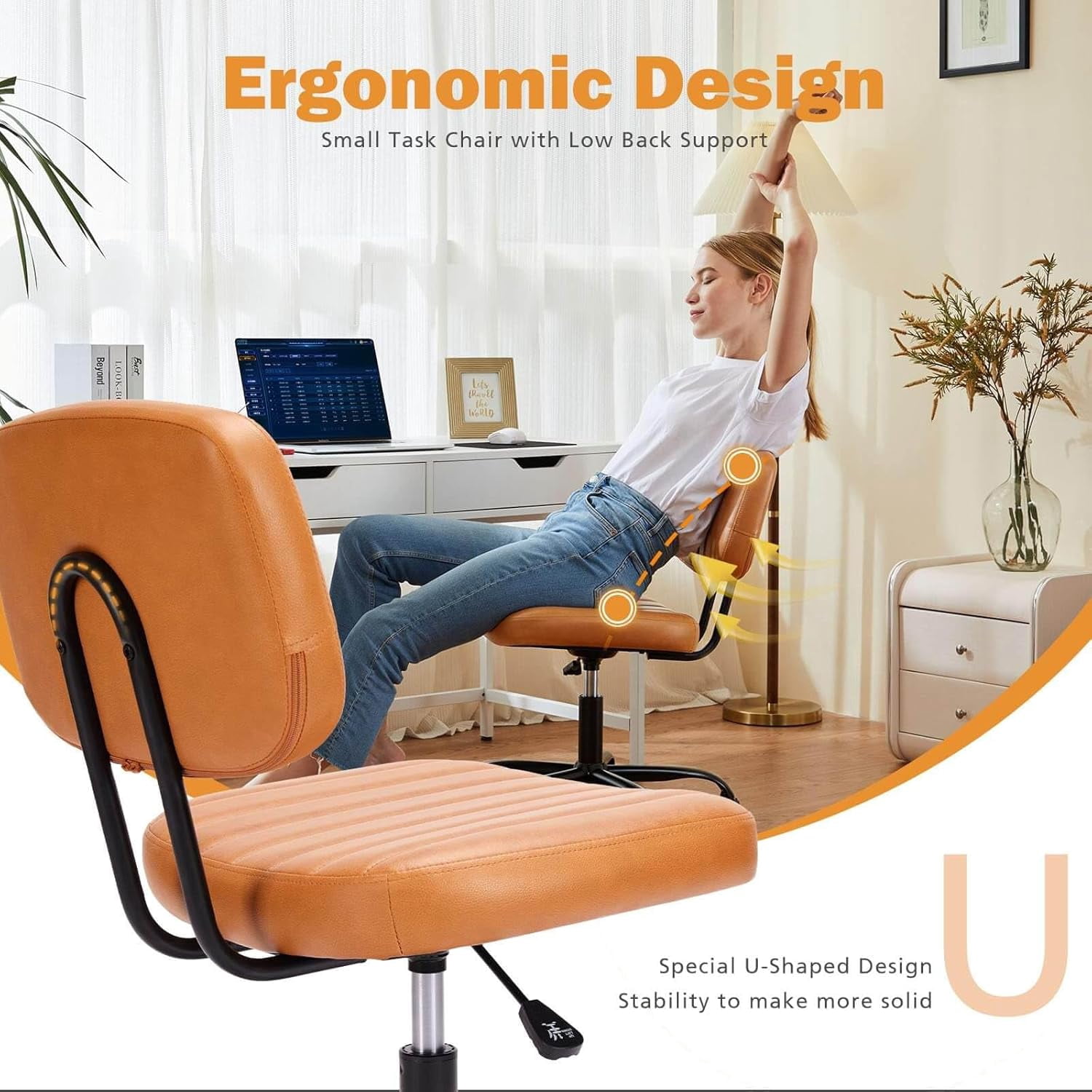 Atilioo Office Desk Chair, Armless Computer Chair with Wheels, PU Leather, Lumbar Support, 360° Rolling Swivel Task Chair for Home Office, Brown