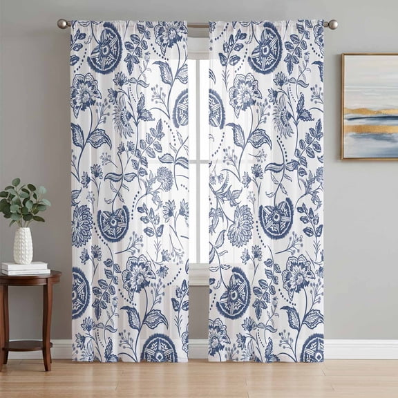 Boho Blue Floral Semi Sheer Curtains 63 Inch Length 2 Panels Set, Vintage Farmhouse Paisley Plant Leaf Sheer Kitchen Curtain Privacy Voile Window Curtain for Living Room Bedroom Rod Pocket Drapes