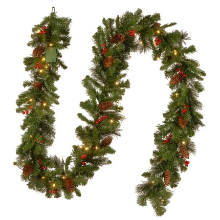 National Tree Company Pre-Lit Artificial Christmas Garland, Green, Crestwood Spruce, White Lights, Decorated with Pine Cones, Berry Clusters, Battery Operated, Christmas Collection, 9 Feet