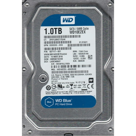 WD10EZEX-60WN4A0, DCM HBRNKT2CHB, Western Digital 1TB SATA 3.5 Hard Drive