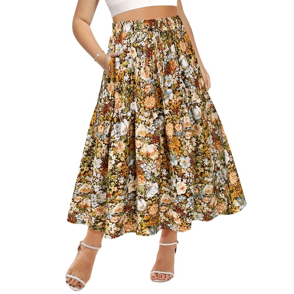 CASSIE LIZ Skirt for Women Maxi Long Plus Size Pleated Boho Summer Skirts Flowy Tiered Elastic High Waist Drawstring Skirts with Pockets Floral/Leopard (XL-5XL)