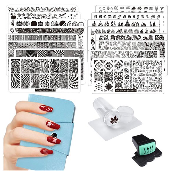 FingerAngel Juego de 21 placas para sellos de uñas, 16 piezas con diseño mixto, placa para estampar uñas + 2 estampadores de uñas + 2 raspadores + 1 estuche, placa para estampar uñas, raspador, juego