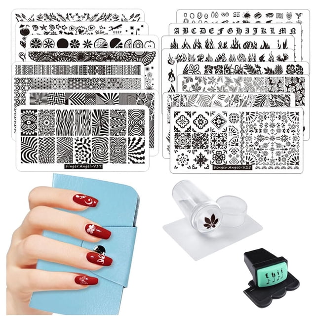 FingerAngel Juego de 21 placas para sellos de uñas, 16 piezas con diseño mixto, placa para estampar uñas + 2 estampadores de uñas + 2 raspadores + 1 estuche, placa para estampar uñas, raspador, juego