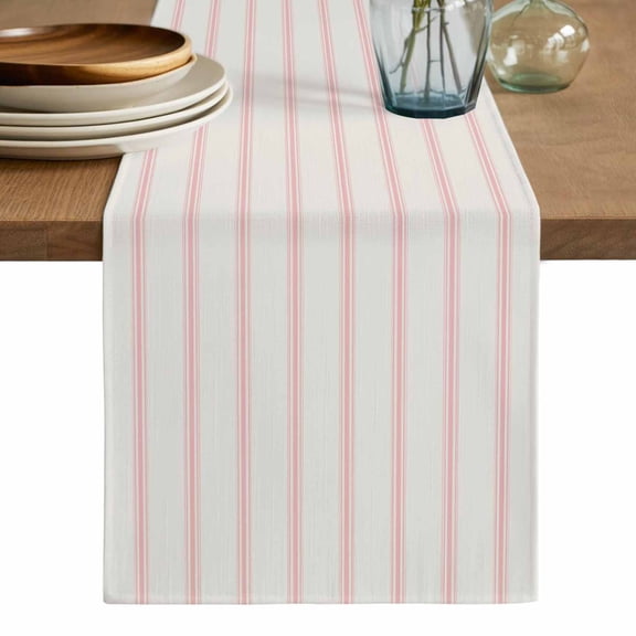 Pink Striped Table Runner, Rustic Pink Stripe Modern Art Beige Washable Cotton Linen Table Runners 36 Inches Long, Dresser Scarf Runner for Nightstand/End Tables/Round Tables 13''x36''