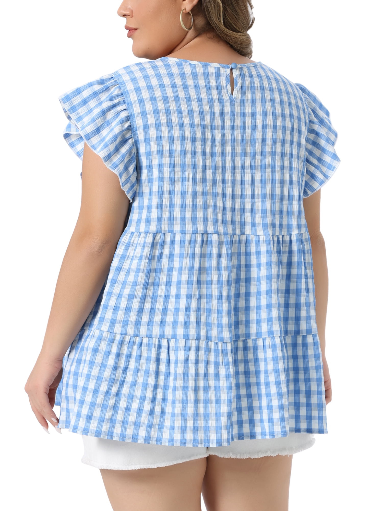 Women's Plus Women's Gingham Top 1950s Crew Neck Flare Short Sleeve Blouse 4X Blue