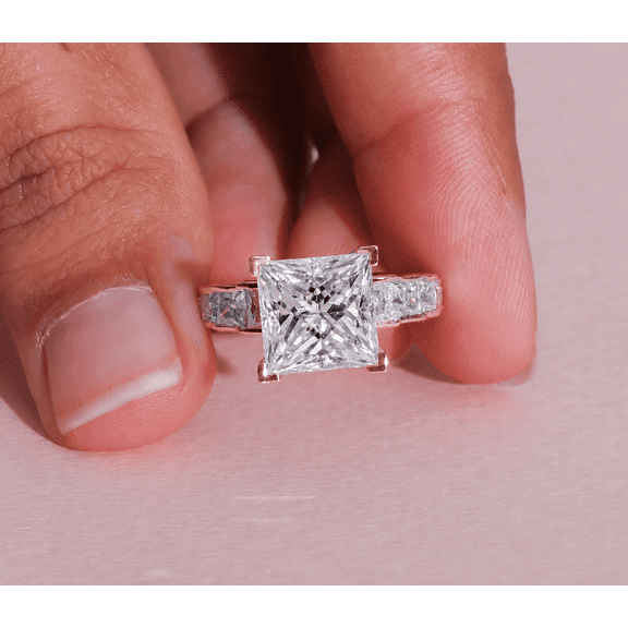 4CT Princess Cut Moissanite Diamond Prong set Engagement Ring for Women, 18K Rose Gold, US 8.5