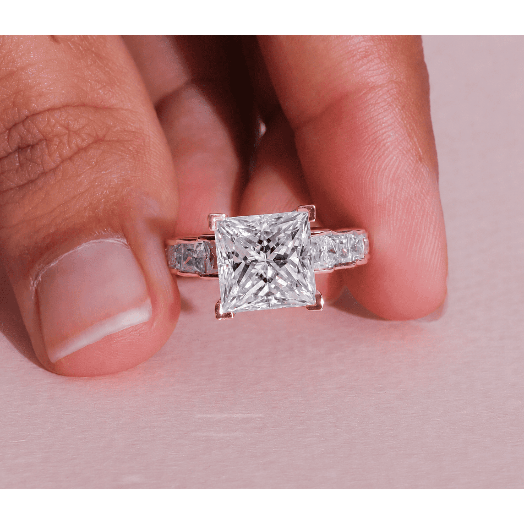 4CT Princess Cut Moissanite Diamond Prong set Engagement Ring for Women, 18K Rose Gold, US 8.5