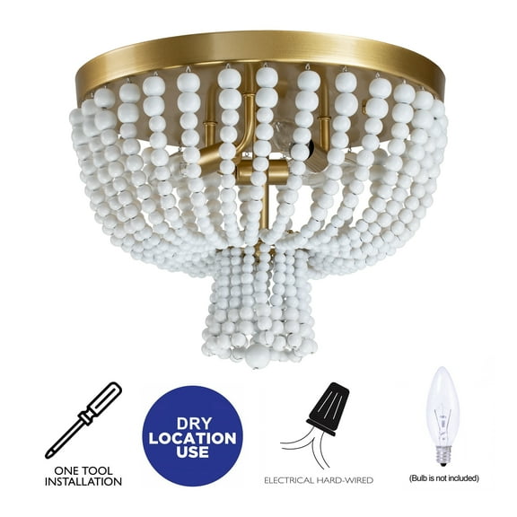 C Cattleya  3-Light Gold Finish Wood Beads Flush Mount Ceiling Light