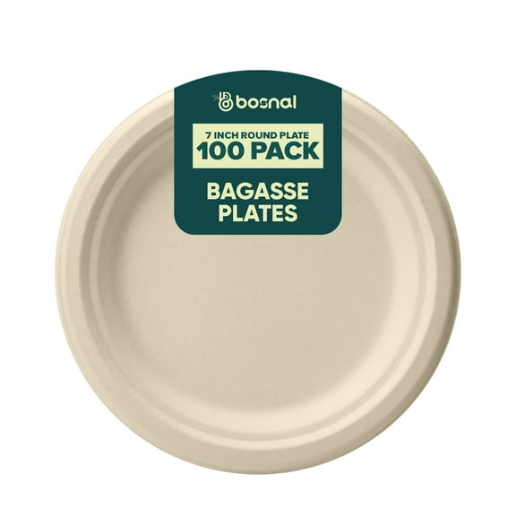 BOSNAL 7 Inch Round Bagasse Plates (100 Pack) – Compostable, Biodegradable & Eco-Friendly Disposable Plates for Party, Catering & Everyday Use