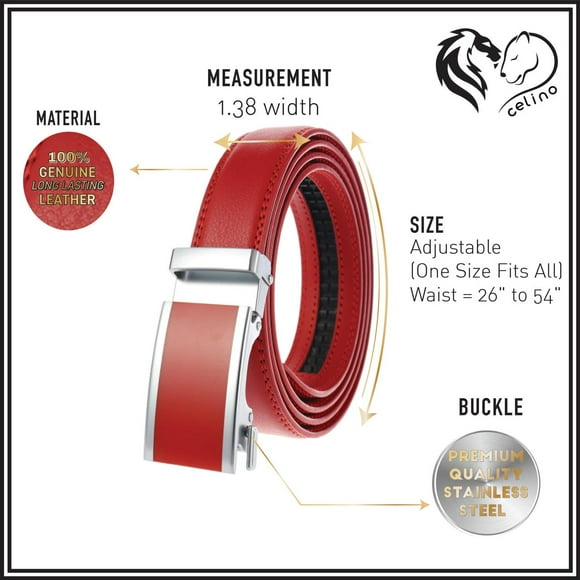 Celino Red Buckle Adjustable Ratchet Slide Buckle 100% Genuine Leather Belt for Men, One Size Fits All, Made in Europe