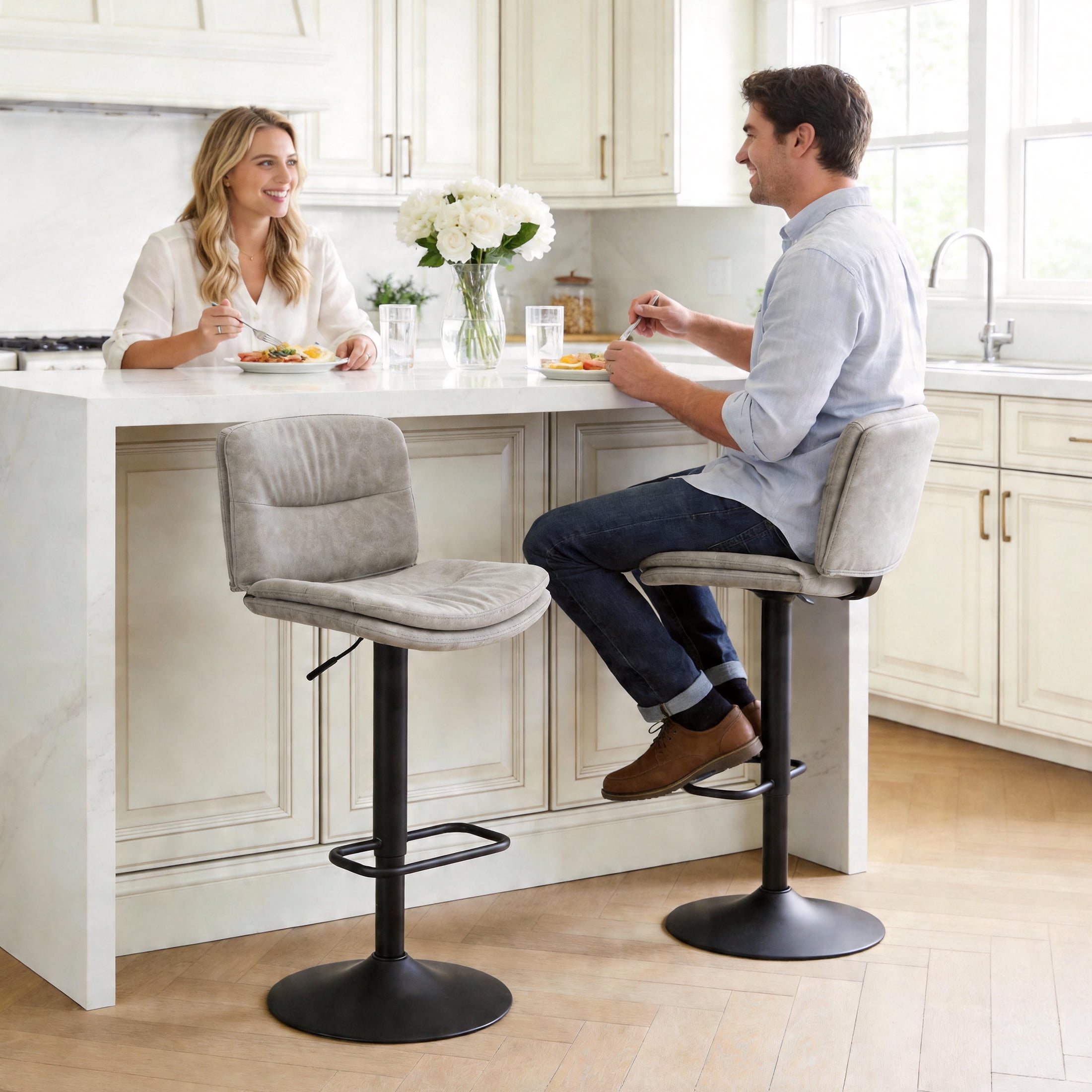 FIRAVOE Swivel Bar Stools Set of 2, Double-Layer Upholstered Counter Height Bar Stools with Back, PU Leather Height Adjustable Barstools for Kitchen Island, Gray