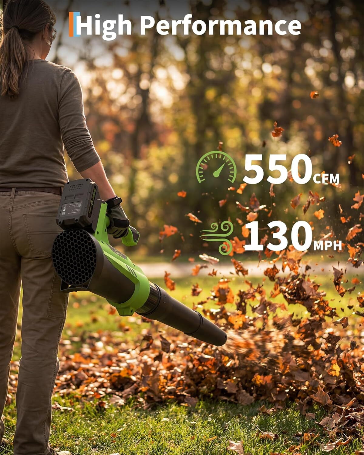 Garvee Battery Power Leaf Blower 550 CFM/130 MPH, 20V Portable Hand Blower with 6-Variable Speed for Lawn, Driveway, Sidewalk, Green & Black