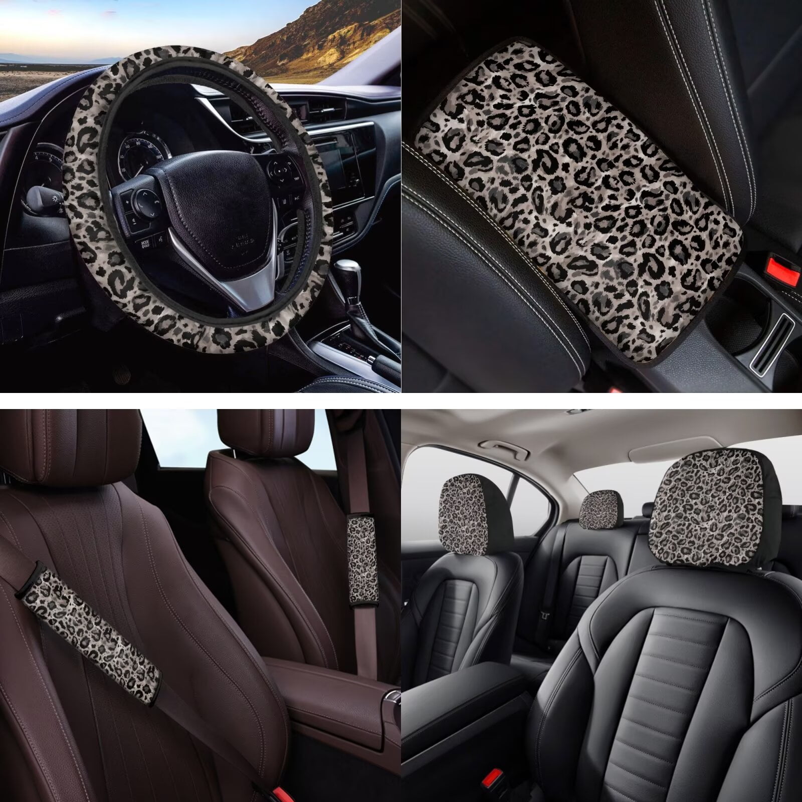 HUIACONG Gray Leopard Print Car Seat Covers Full Set Cheetah Car Accessories 14 Pcs with Steering Wheel Cover Arm Rest Cover Seat Belt Pads Headrest Cover Coasters Keychain Universal Fit