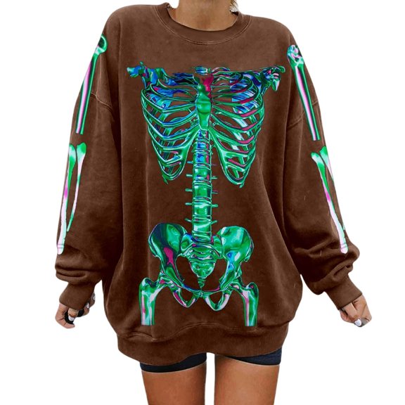 Tisuna Halloween Sweatshirt For Women Cute Skeleton Print Crewneck Sweatshirt Ladies Long Sleeve Halloween Everyday Wear Fall Tops Clothes Size L