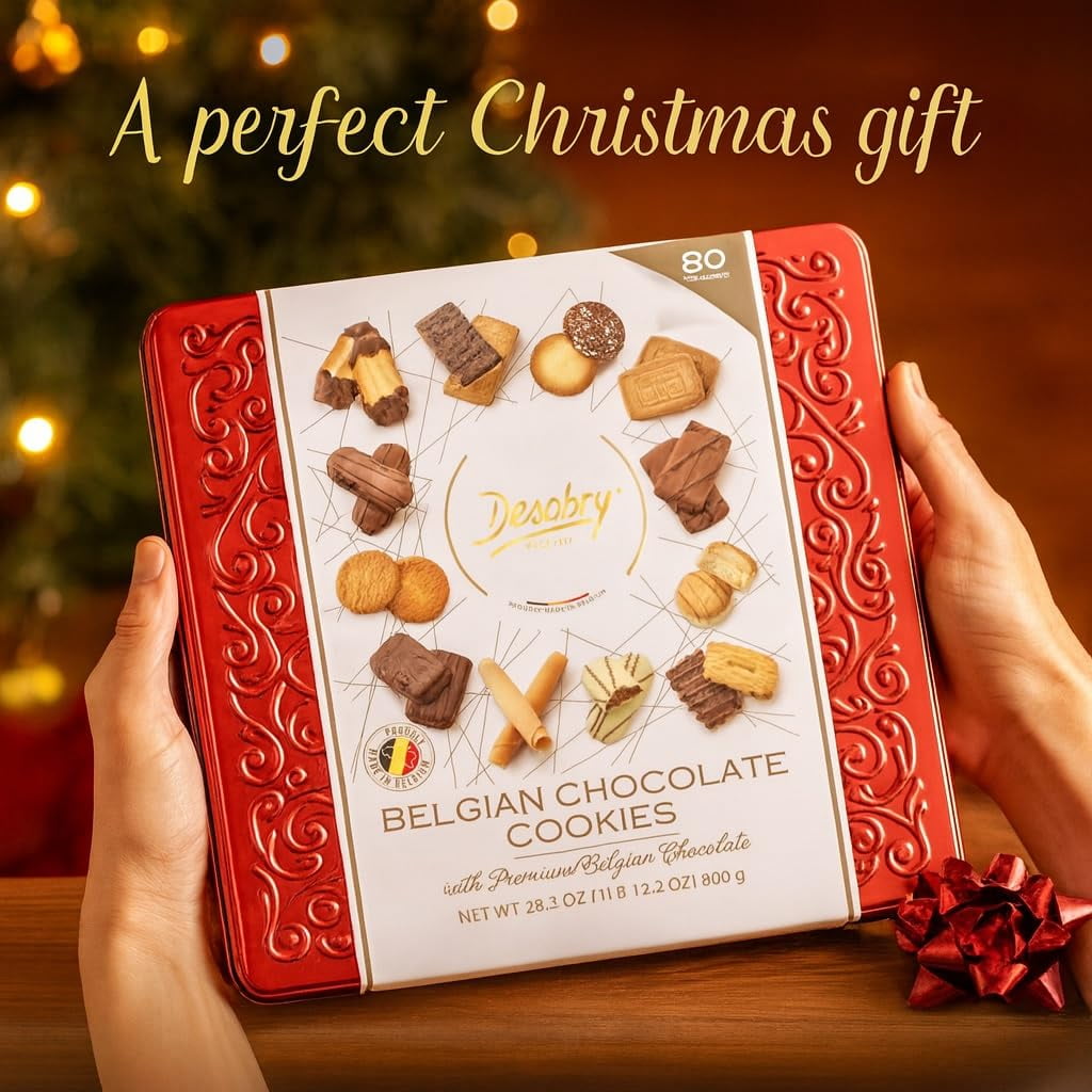 Belgian Chocolate Cookies Gift Tin – 80-Count Premium Assorted Biscuit Collection with Dark, Milk & White Chocolate – Holiday Gift Treat for Christmas, Thanksgiving, Parties & Dessert Tables