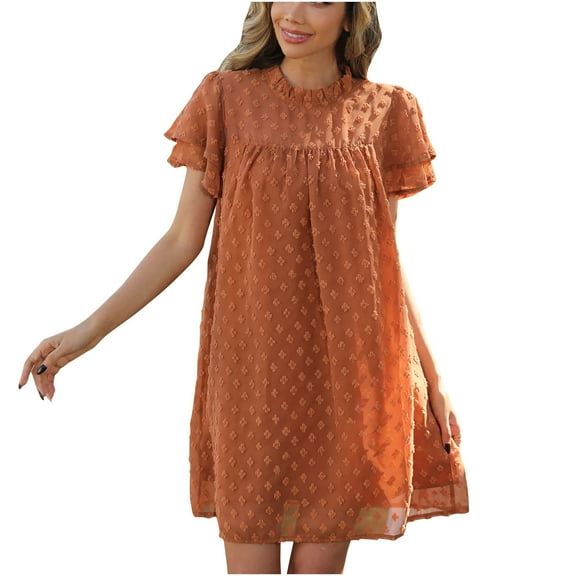Women's Dress Swiss Dot Crewneck Summer Mini Dress Casual Short Sleeve Dress Flowy A Line Babydoll Short Dresses