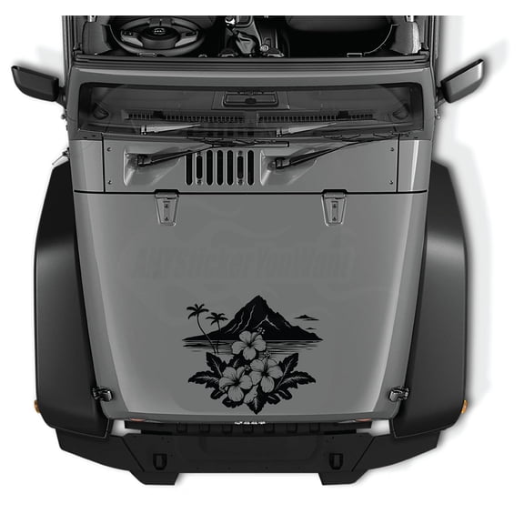 AnyStickerYouWant - Hawaiian Hut View Hibiscus Flower Vinyl Decal Sticker, 22" Tall Waterproof Vinyl Hood Decal/Car Window Stickers - Fits on & Compatible with Jeep Wrangler & Jeep Gladiator