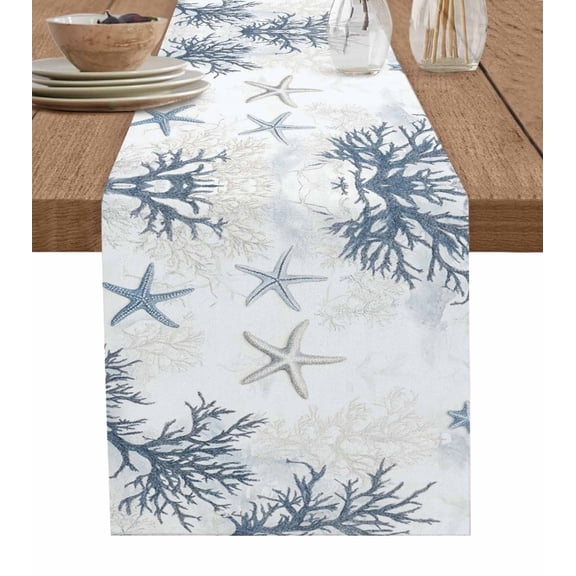 Grey Coastal Table Runner 60 Inches, Summer Beach Starfish Coral Nautical Bed Runner Dresser Scarves Tabletop for Indoor Outdoor Parties/Ceremony/Banquet, 13" x 60"